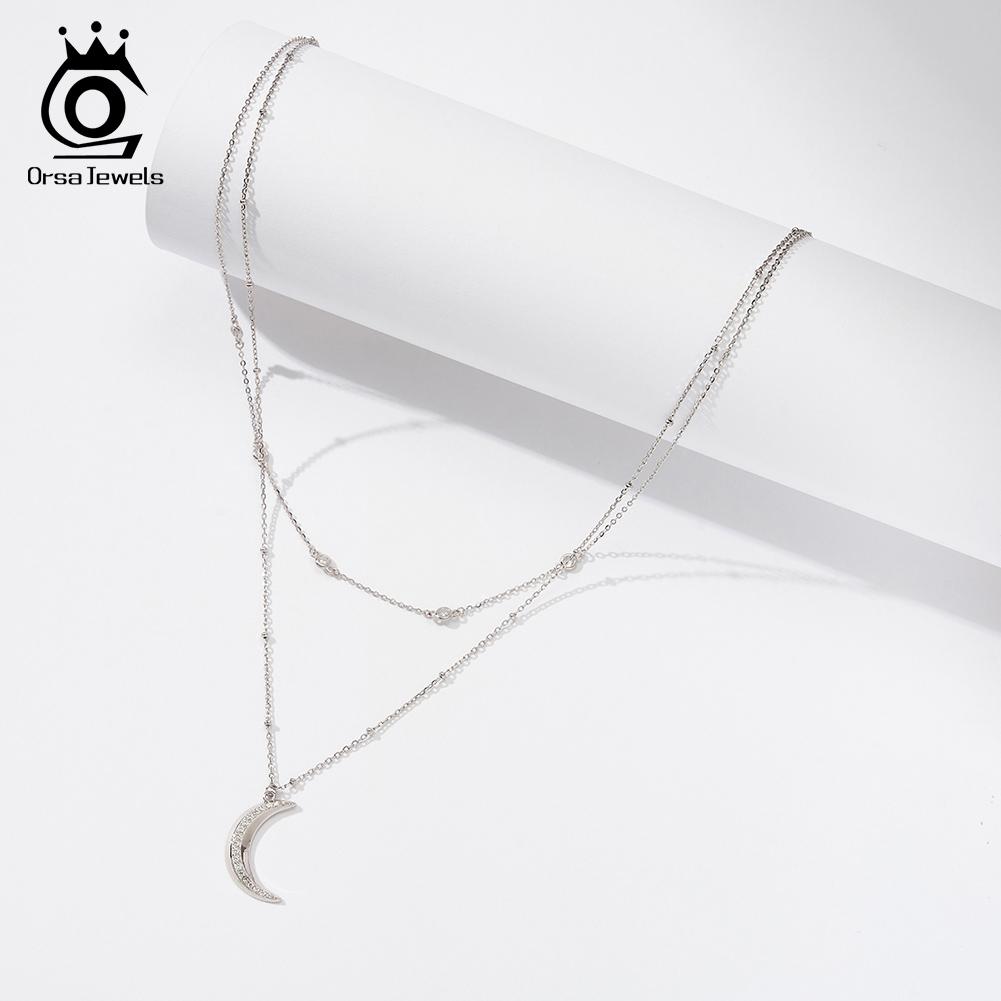 ORSA JEWELS Double Stacked Clavicle Choker Necklace 925 Sterling Silver Moon Pendant Necklace for Women Party Jewelry Gift BQN12