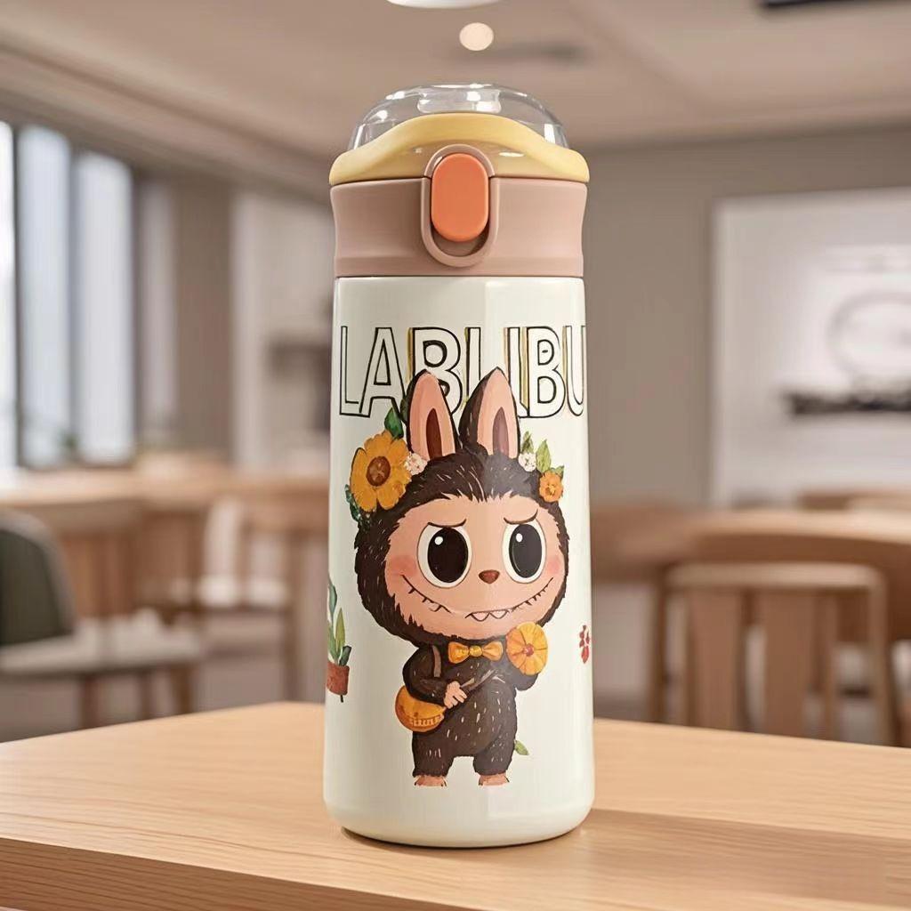 Hüpfbecher Thermobecher Hochwertig Niedlich Cartoon 3D Musterdruck Tragbarer Strohhalm Doppelwandiger Trinkbecher