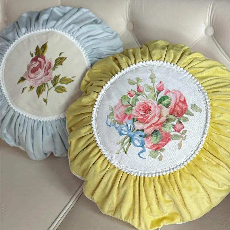 Retro Rose Pillowcase Cushion Pumpkin Cushion Cover Velvet Round Pillow Case Futon Sofa Car Decor Solid Color Lace Cushion Cover