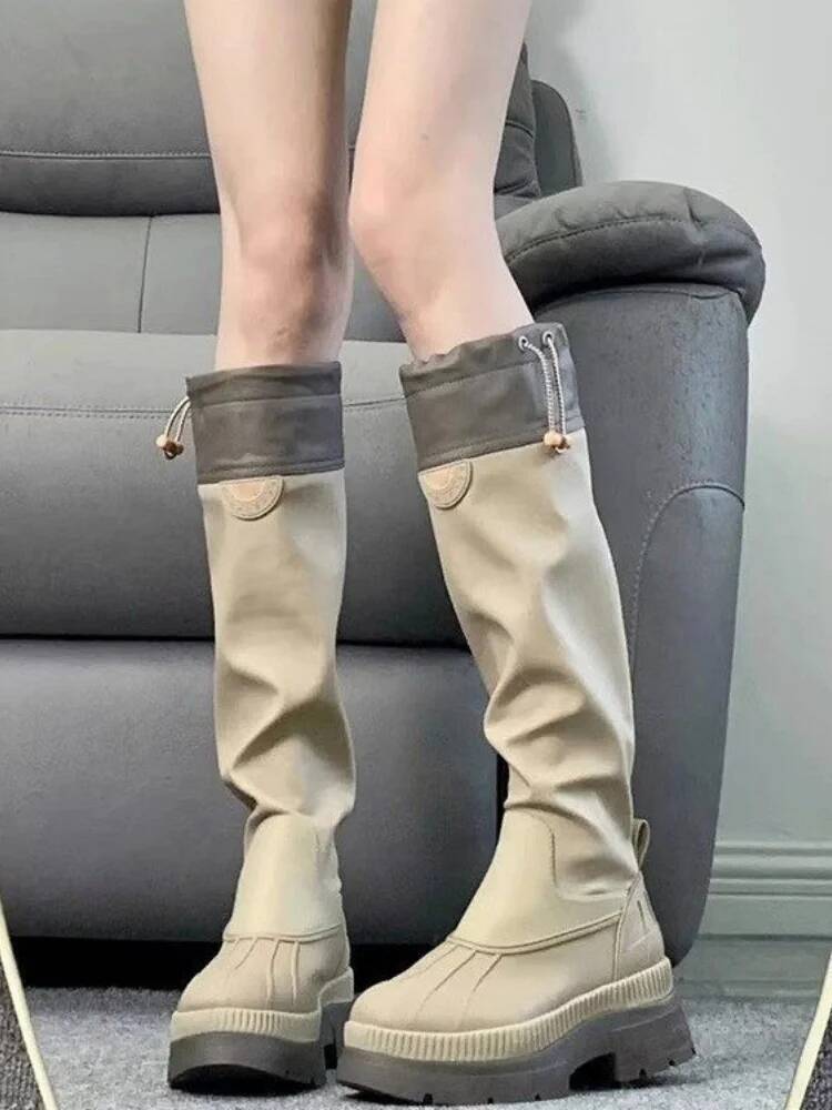 Long Boots Women Autumn New Women'S Thick Platform Knee High Boots Adjustable Cuff Leather Bootcut Boots For Petites