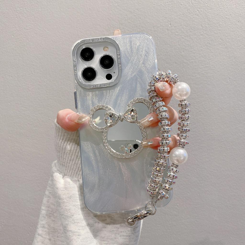 Galvanisierter Rahmen Federgarn Geeignet für Apple 15pro Mickey Spiegel mit Armband IPhone16promax Hart Handyhülle