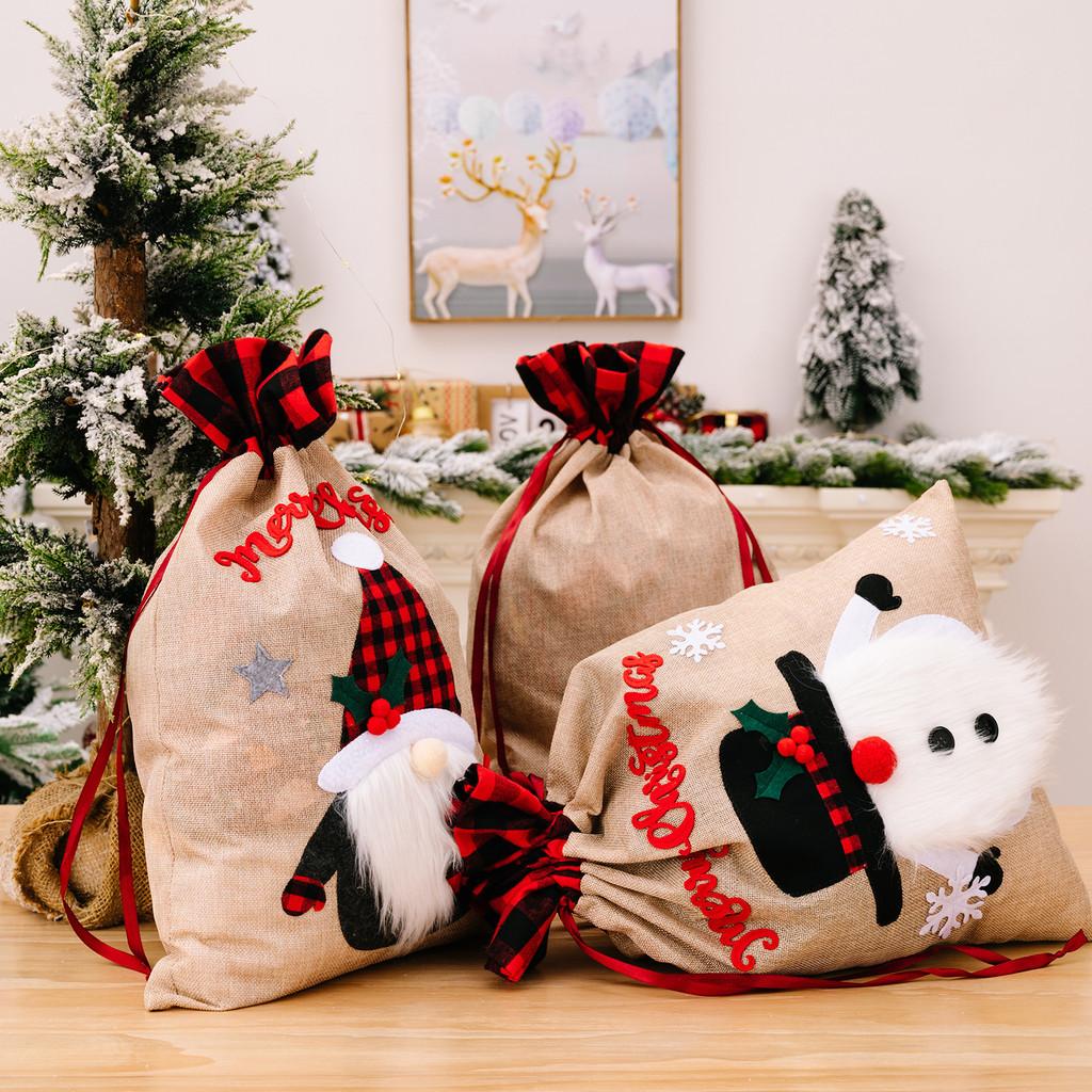Cartoon Style Christmas Burlap Gift Bags Featuring Merry Snowman Reindeer Design
