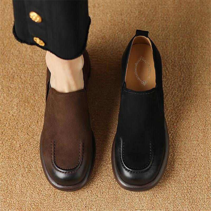 Fashion New Autumn Genuine Leather Women Shoes Fashion Round Toe Shoes for Women Chunky Heel Loafers Zapatos Mujer Women Pumps Brown