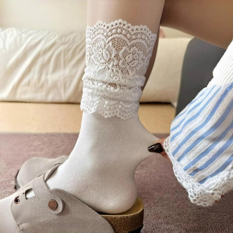Lolita Weiße Spitze Fransen Socken für Damen, Frühling und Herbst Mid-Calf Socken, Niedliche Frottee-Socken, Reine Baumwolle Lange Wadenstrümpfe