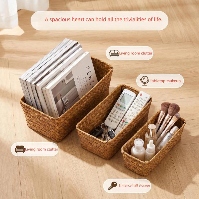 Natural Seagrass Woven Rectangular Storage Basket for Living Room, Tea Sets, Sundries, and Cosmetics