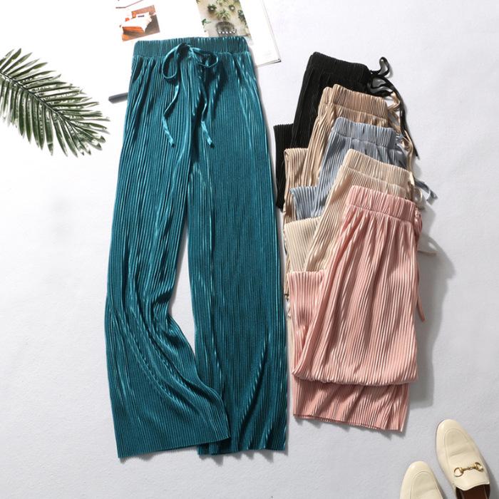2025 Spring Summer Women's Ice Silk Chiffon Pleated Wide-Leg Loose Casual Long Pants