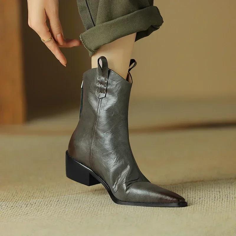 Fashion 2025 Autumn/winter Women Boots Genuine Leather Western Boots Women Shoes Pointed Toe Chunky Heel Chelsea Boots Retro Ankle Boots