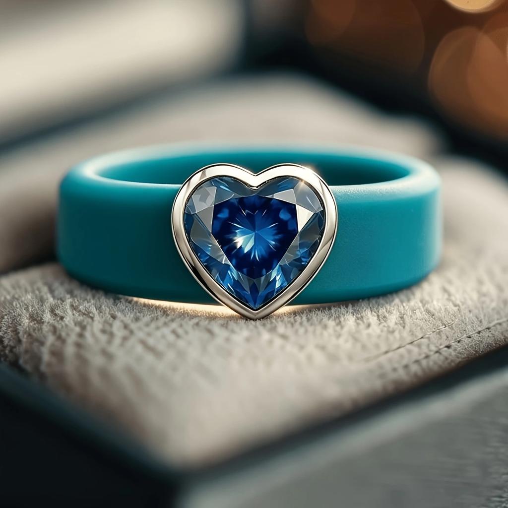 Blue Silicone Ring Heart Blue CZ, Soft Stretchable Band, Hypoallergenic Waterproof Sweatproof Jewelry for Women Daily Use