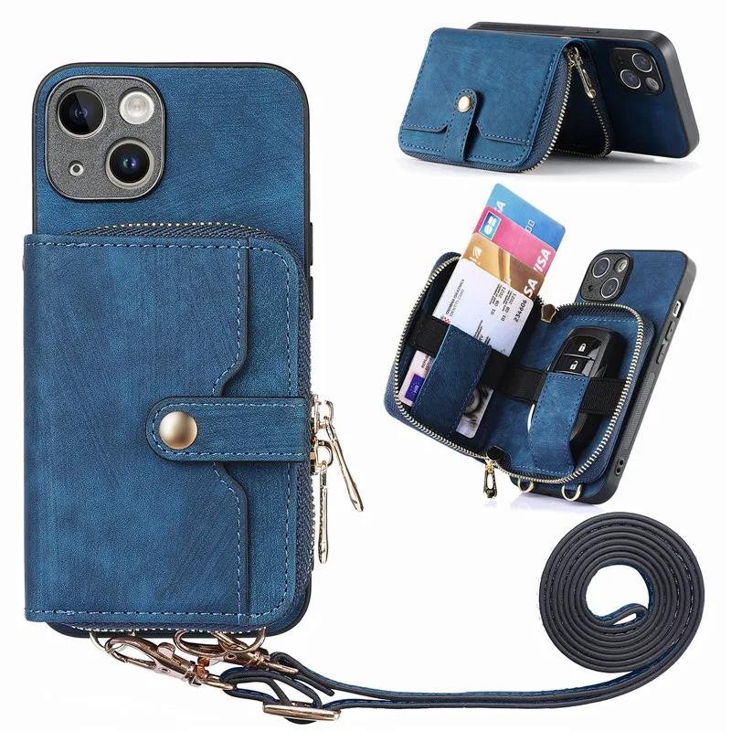 Lanyard Zipper Wallet Phone Case for Samsung Galaxy S25 Edge S24 S23 Ultra S22 S21 S20 FE S10 Plus Note 20 10 Leather Flip Cover