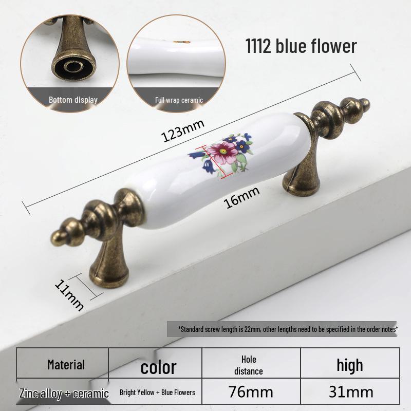 European Ceramic Blue Flower Round Cabinet Handle
