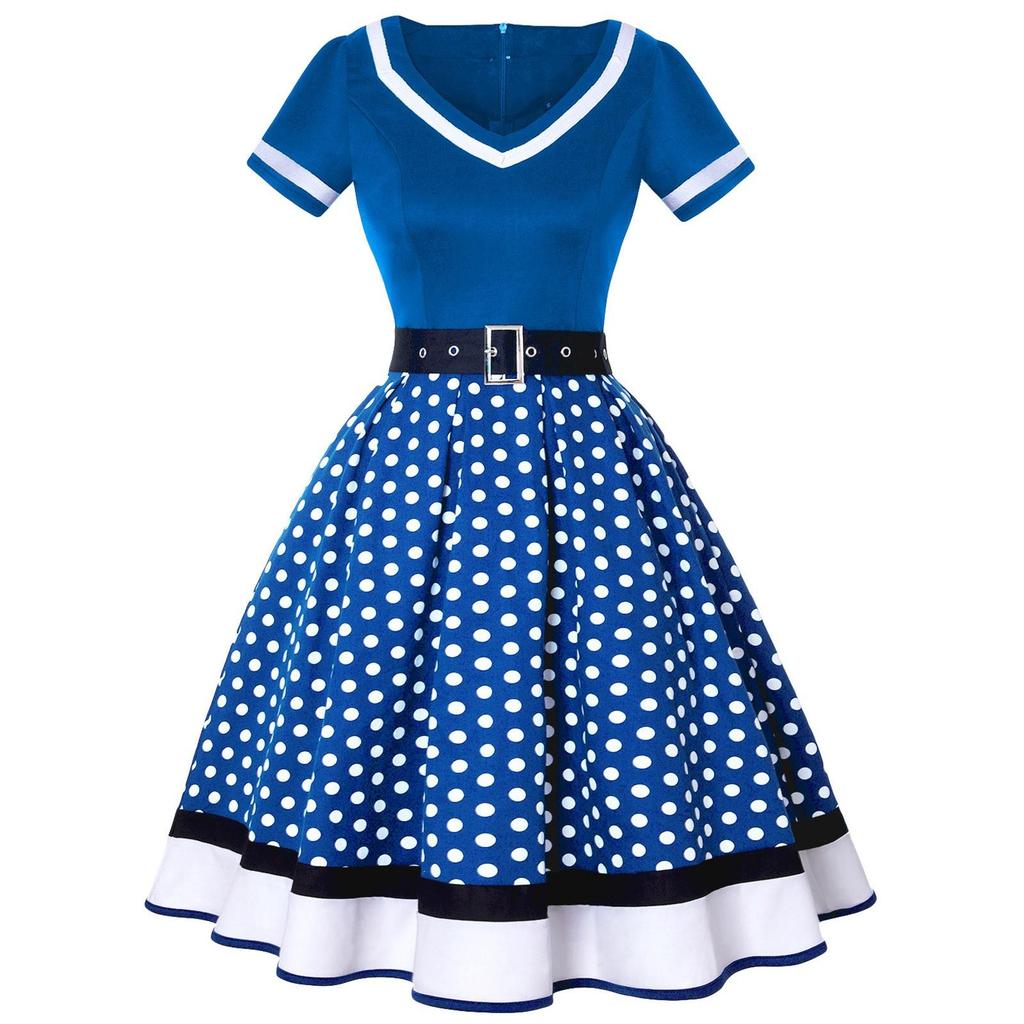 Women's Fashion Casual Vintage V Neck Short Sleeve Zpper Waist Print Dress
