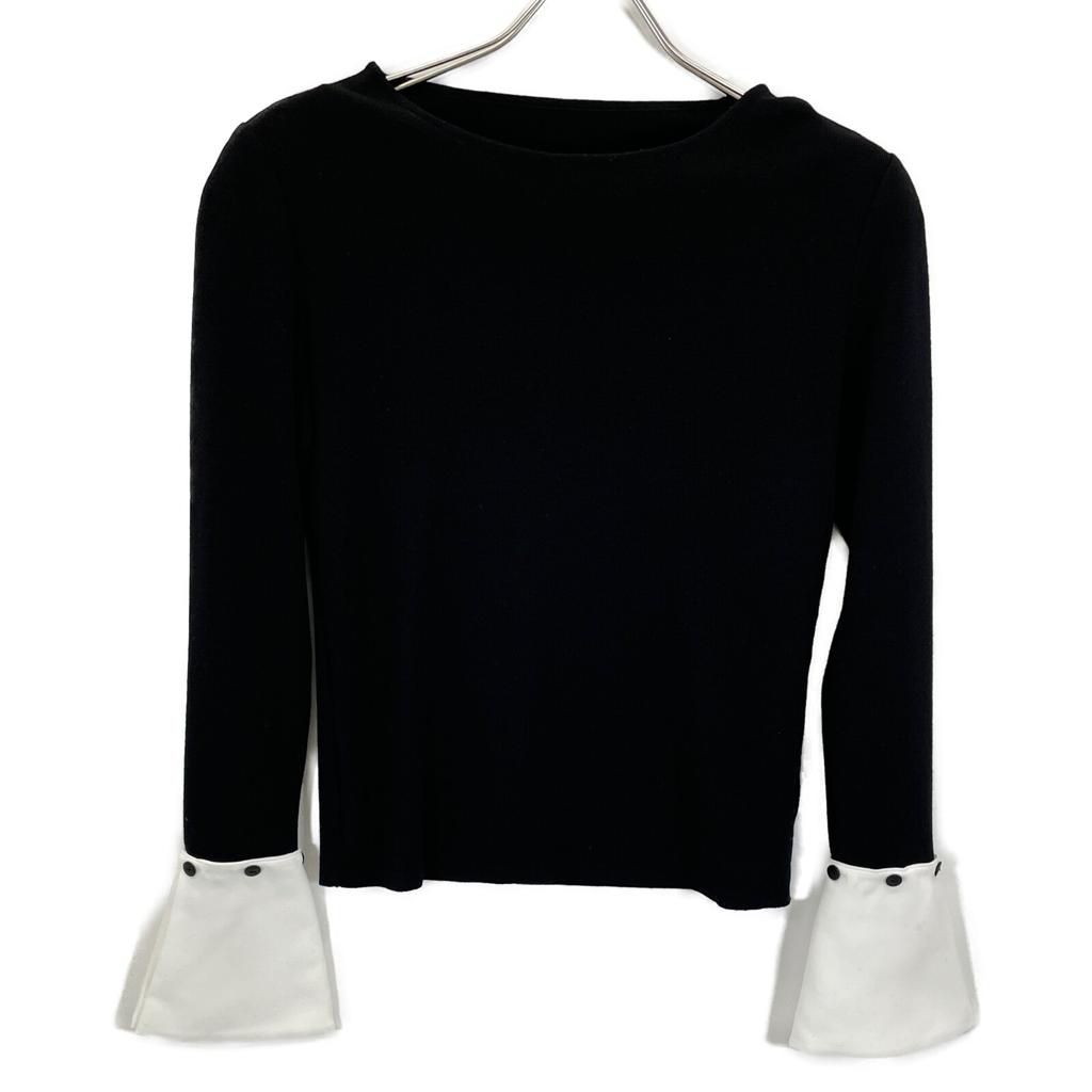 FOXEY 37143 Black Wool Round Neck Knit Top with White Cuffs Tops 38 blackUsed