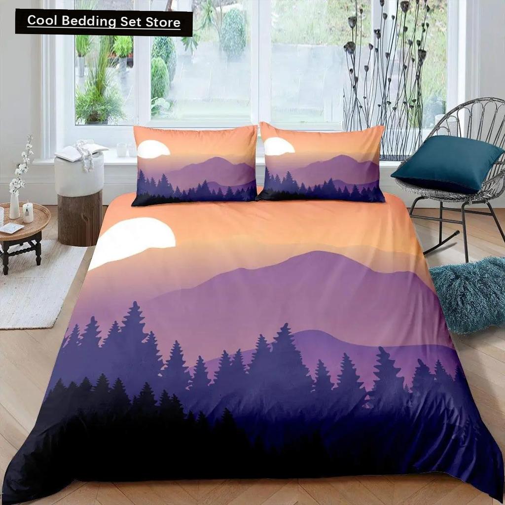 Dumanlı Dağ Nevresim Takımı Çam Ağaçları Yorgan Kılıfı Erkek Çocuk Manzara Yorgan Kılıfı Doğal Manzara Sanat Polyester Yatak Takımı