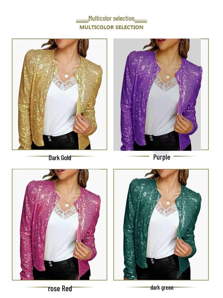 Spring Women's Fashion Sequin Stand-up Collar Jacket - Short, Versatile, and Stylish.