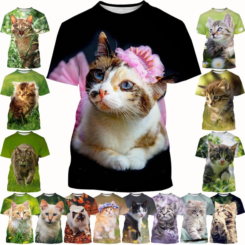 Summer Round Neck 3D Cat Pattern Printed Top Fashionable Casual Short Sleeved Children's Boy and Children's Girl Kids Unisex T-shirts