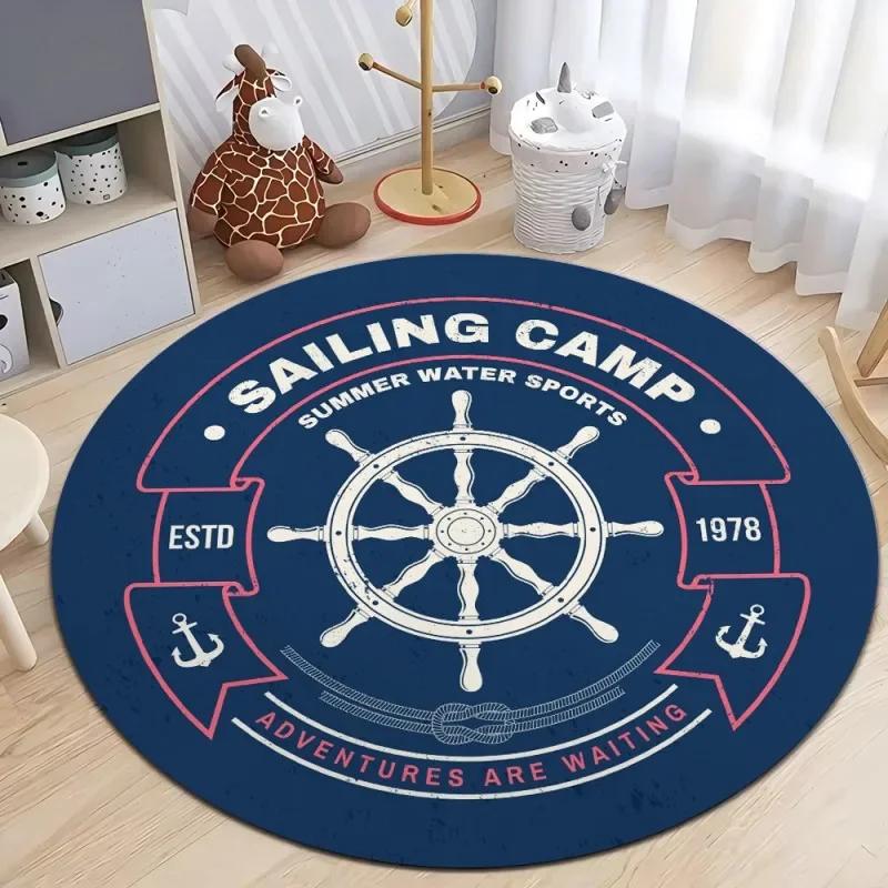Nautical Style Round Area Rug – Printed Soft Plush Carpet for Living Room or Bedroom – Non-Slip, Machine-Washable Floor Mat