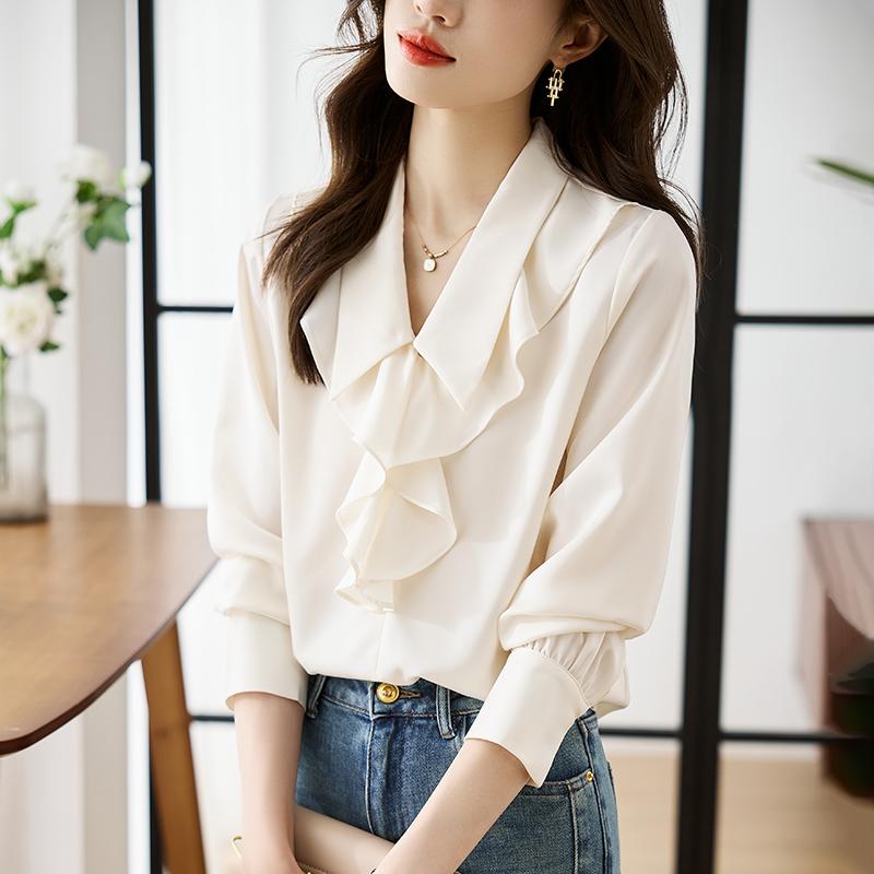 Damen Blusen Hemden 2025 Frühling Langarm Damen Bluse Hemd Umlegekragen Rüschen Chiffon Bluse Hemd Damen Oberteile J830