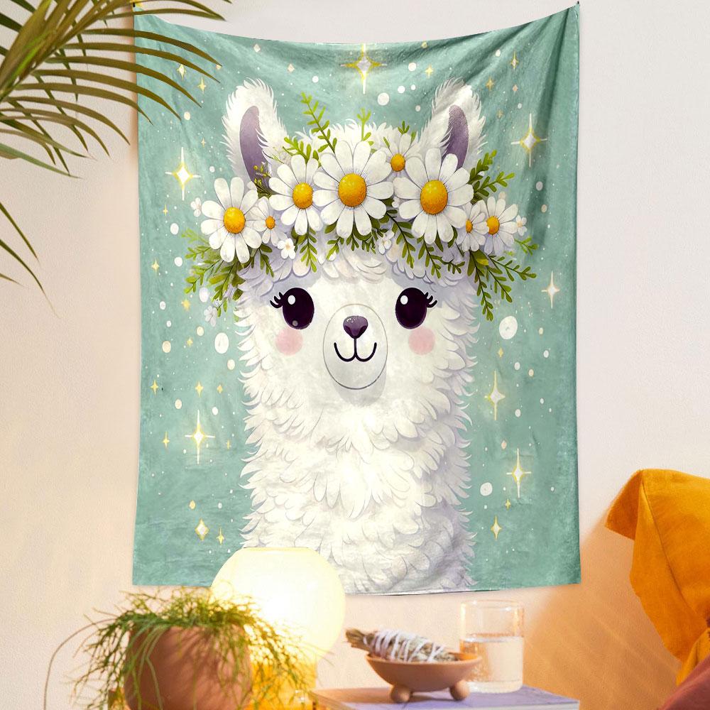 "Fluffy Alpaca with Daisy Flower Crown" Patterned Tapestry Decorative Wall Hanging, Home Bedroom Living Room Decor