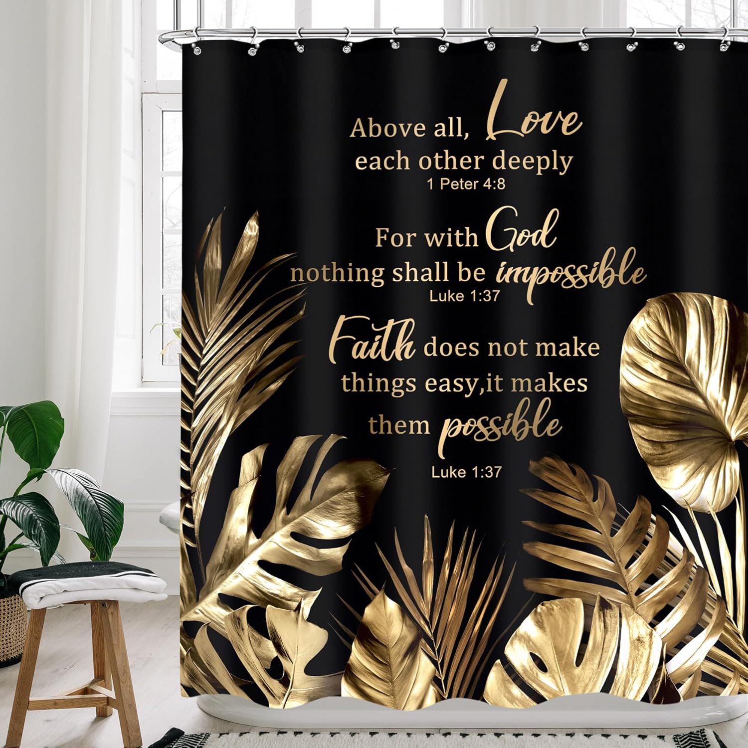 Dunika Chen Black/Gold Christian Shower Curtain, Tropical Palm Bible Verse Print, Modern Monstera Aesthetic With Hooks