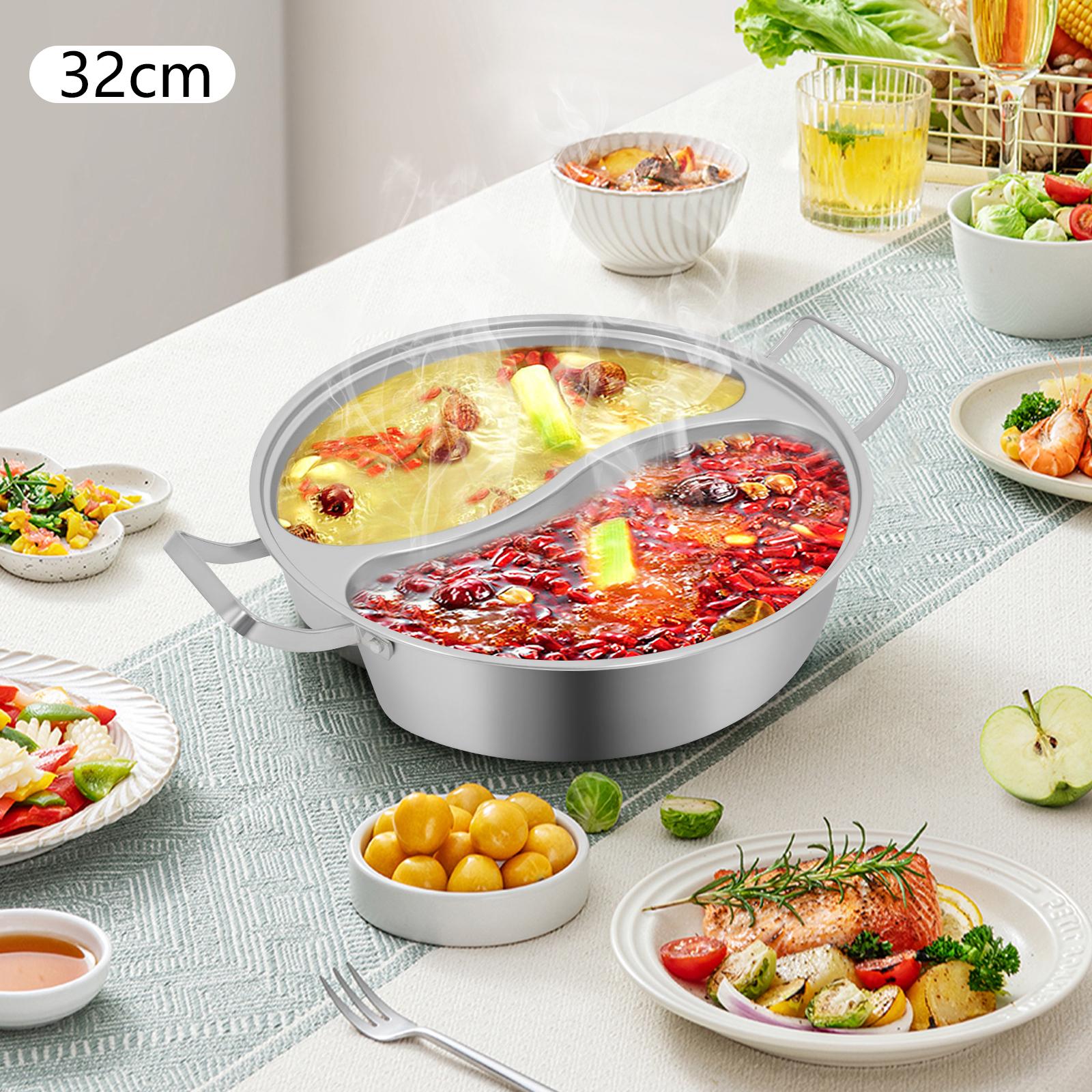 Stainless Steel Double-flavor Hot Pot,Silver 32cm Hot Pot with Divider One Piece Molding for 5 Persons in Homes,Restaurants argento
