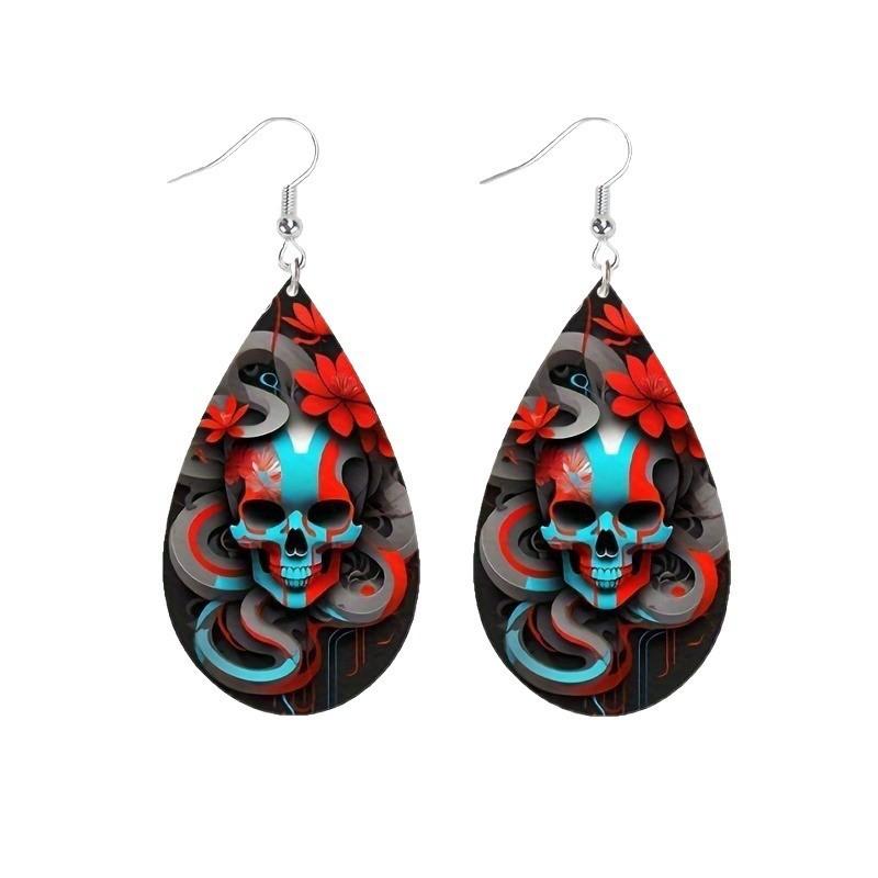 Halloween Themed Flower Skull Patterns Water Droplet Shaped Women Earrings
