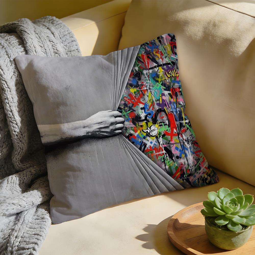 Cushion Cover Washed Linen Soft Breathable Decorative Case for Sofa Home Pillow Cover Banksy Street Graffiti Art