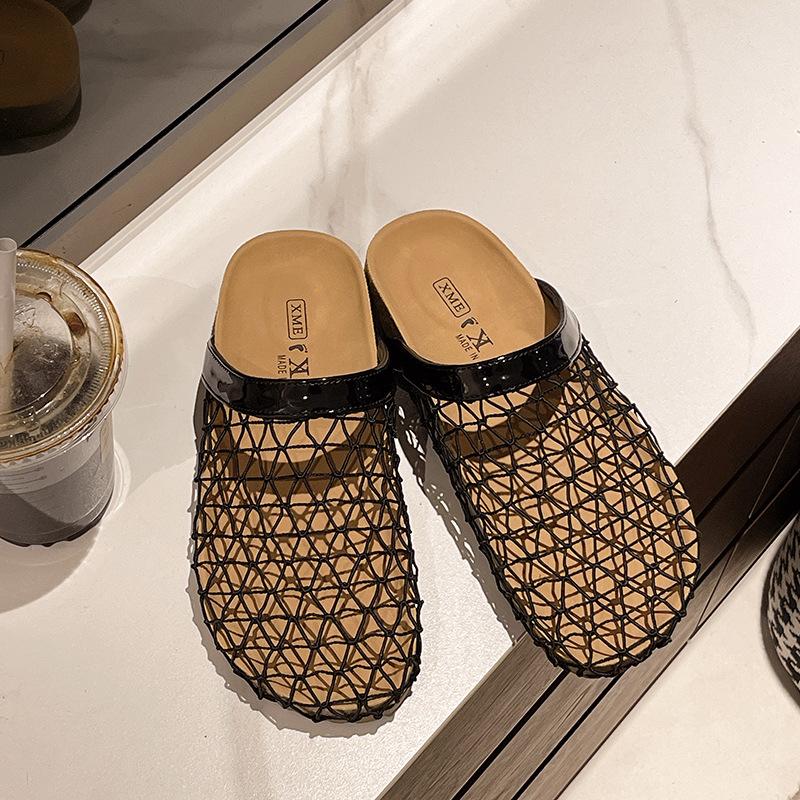 Mesh woven bag head half slippers women's summer wear 2025 new French skirt cool slippers Roman sandals women