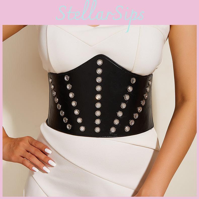 Diamond Decoration Round Retro Womens Faux Leather Belt With Waistband Wide