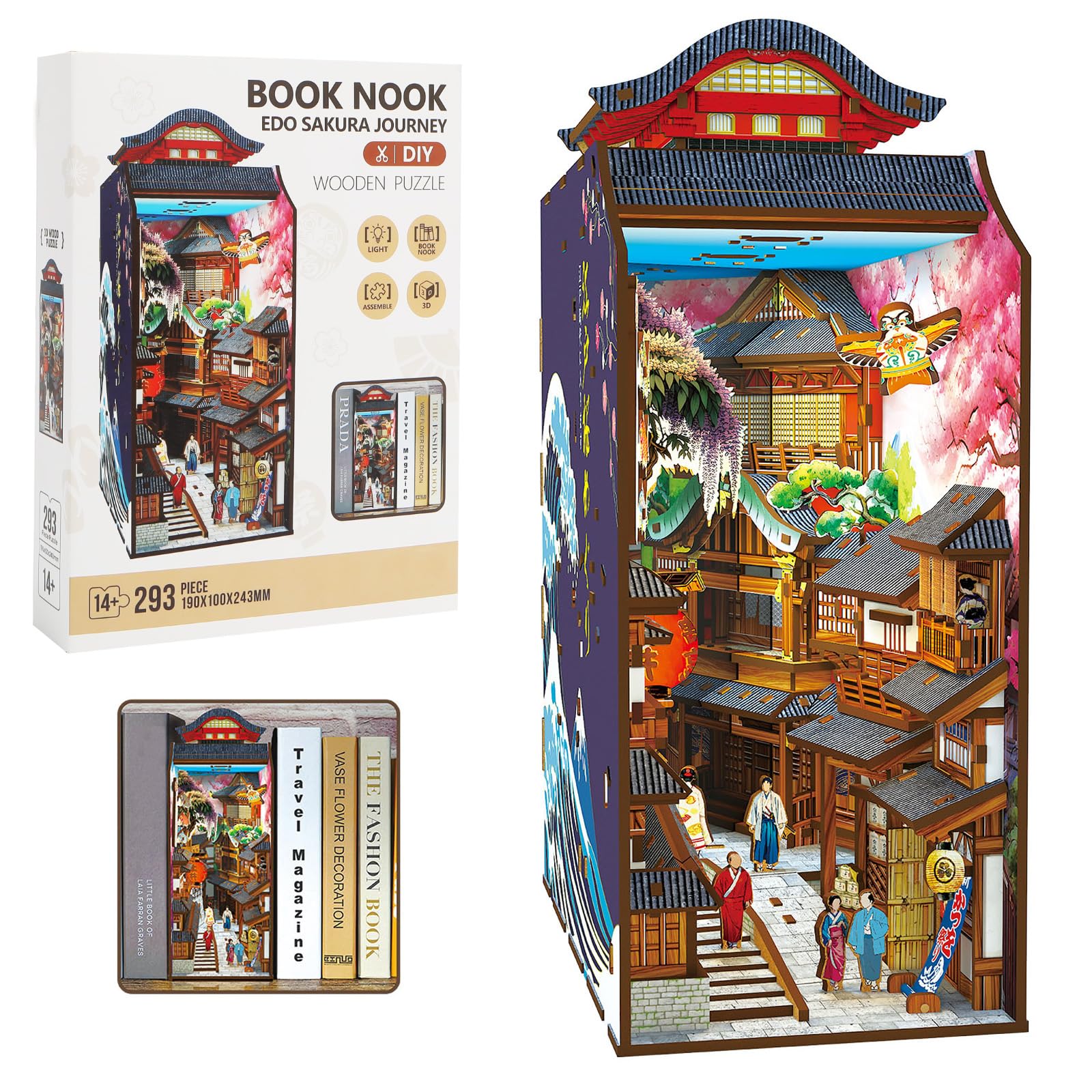 

Набор для сборки книжной полки Edo Sakura Journey с LED-подсветкой, 3D деревянный пазл, подставка для книг с цветущей сакурой, декор для взрослых и отличный подарок на праздники