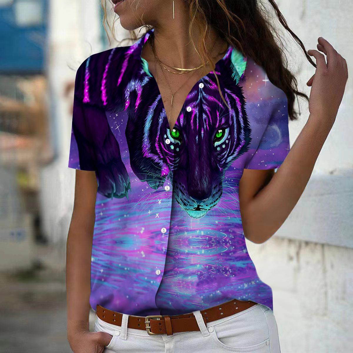 

2025 Summer New Fashion Women s Tiger Printed Short Sleeve V-neck Casual Button-down Shirt Top XS фіолетовий