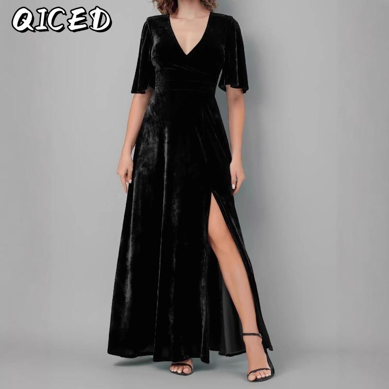 QICED Fashion Summer Spring Solid Color Print Short Sleeve V-Neck Casual Dresses
