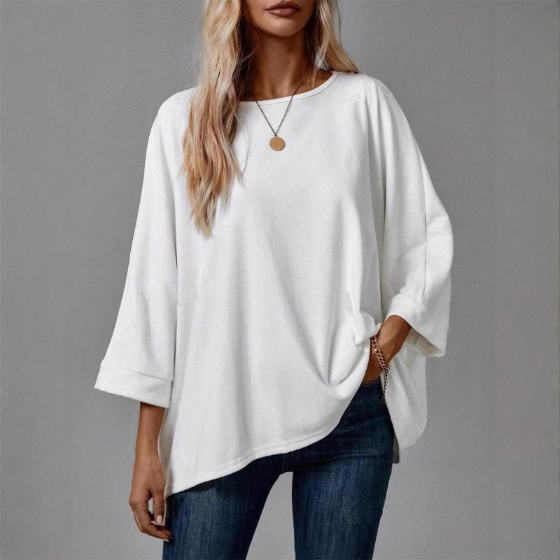 Damski Nowy Wiosenno-Letni T-shirt Pulowerowy Casual z Okrągłym Dekoltem i Jednolitym Kolorem
