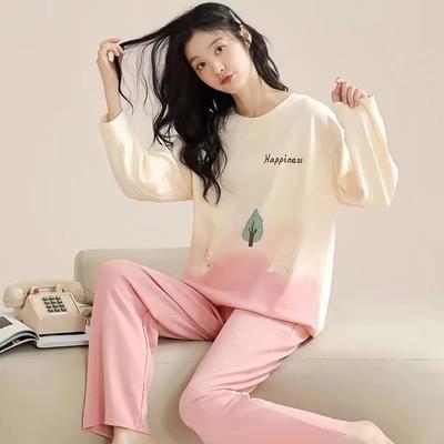 Pijamas de primavera y otoño para mujer, de manga larga, con bonitos dibujos animados, para usar fuera del campus, ropa de dormir suave para mujer.