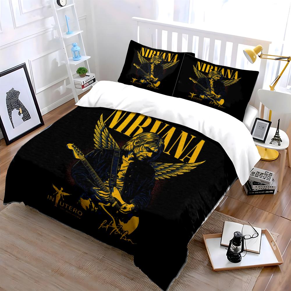 Nirvana Band Print Bedding Set Black Theme Bedding set (1 duvet cover, 2 pillowcases, duvet not included)