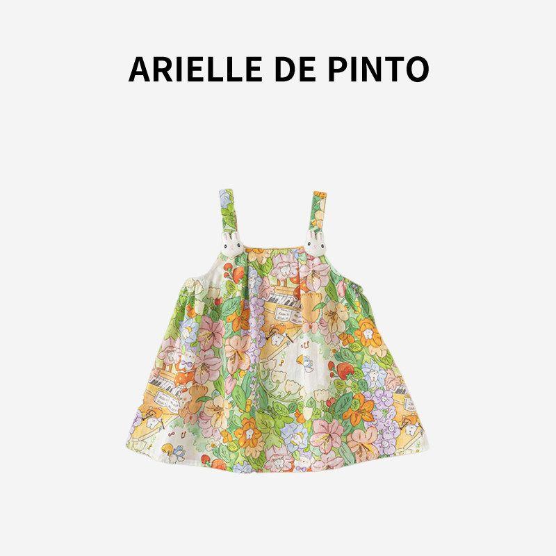 French Arielle De Pinto Girls  Dress Summer Sweet and Cute Cartoon Floral Suspender Dress Green 73