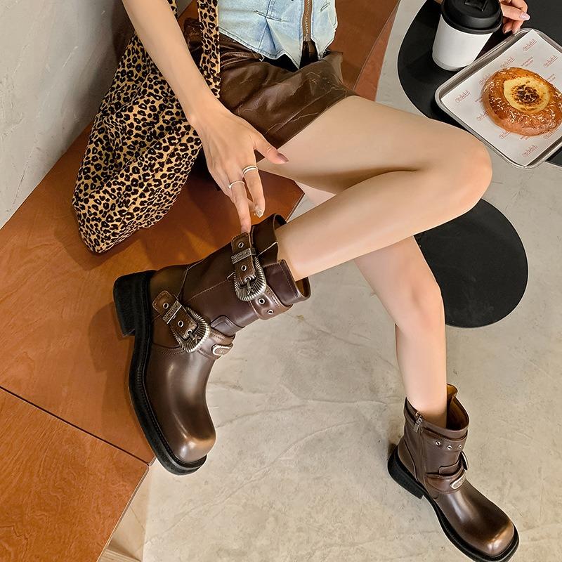 ~ Cool Girl~ Leather Square Head Medium Boots Maillard Motorcycle Boots Midheel Western Cowboy Boots Tide