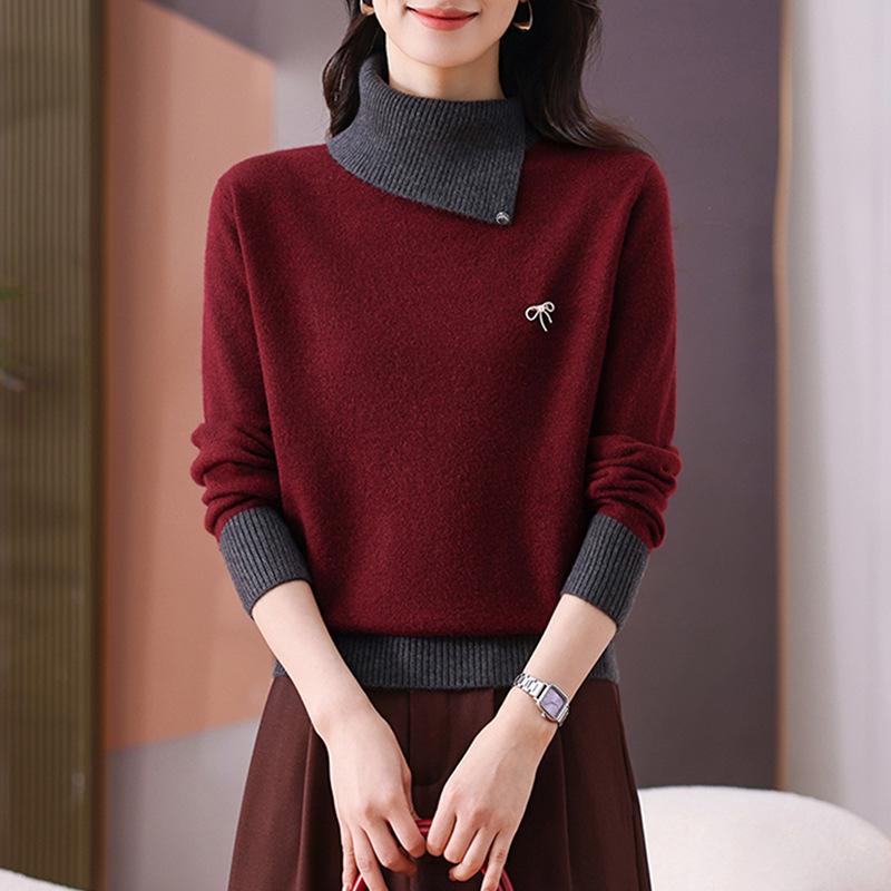 2026 Trendy Color Block Knit Sweater with Lapels - Stylish Women's Loose Fit Layered Top
