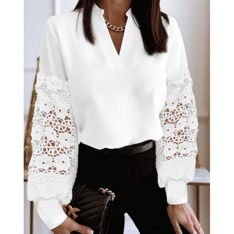 Womens V-Neck Lace Long Sleeve Blouse Elegant Office Wear Bubble Top