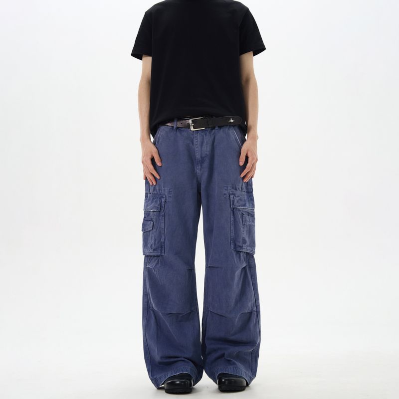 

Kisko Vintage Washed Heavy Drape Work Pants Unisex Loose Straight Casual Lumberjack Cargo Pants French Blue 2XL