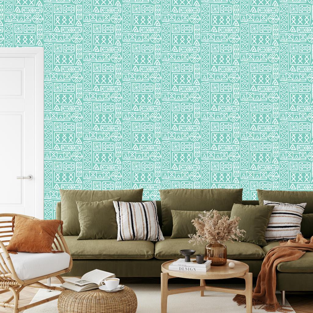 Polynesian Geometric Pattern Wallpaper Mint and Sea 50x1000