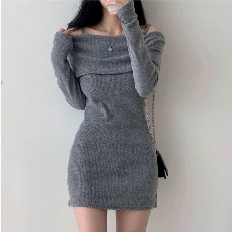

New sweet Spice Girl long-sleeved slim-fitting waist pure desire hip-wrapped short skirt thin black one-word shoulder dress women S серый