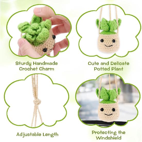 Vansolinne Crochet Car Mirror Hanging Accessories Cute Plant Basket for Rearview Mirror Hanger Decor Car Charm Interior Aesthetic Plant Lovers Gifts