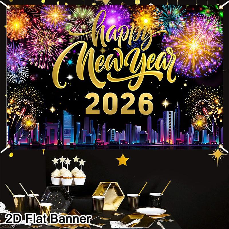 2026 Happy New Year Backdrop Banner Fireworks Black Gold New Year Celebrations Christmas Party Photo Background Decoration Gifts