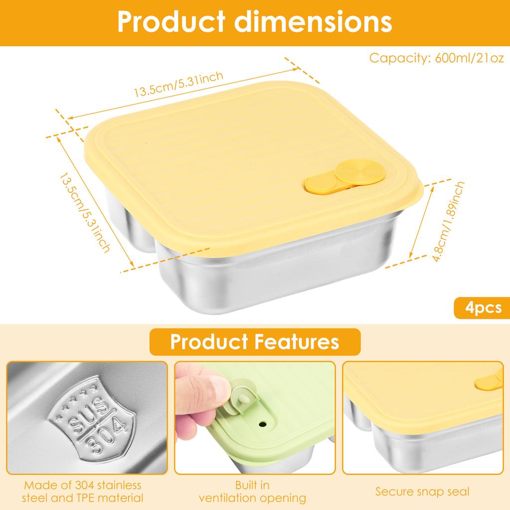 304 Stainless Steel Lunch Box 4/3 Pcs Portable Fruit Salad Food Container with Lid Stackable Leak Proof Bento Boxes for Students
