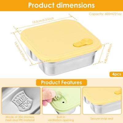 304 Stainless Steel Lunch Box 4/3 Pcs Portable Fruit Salad Food Container with Lid Stackable Leak Proof Bento Boxes for Students