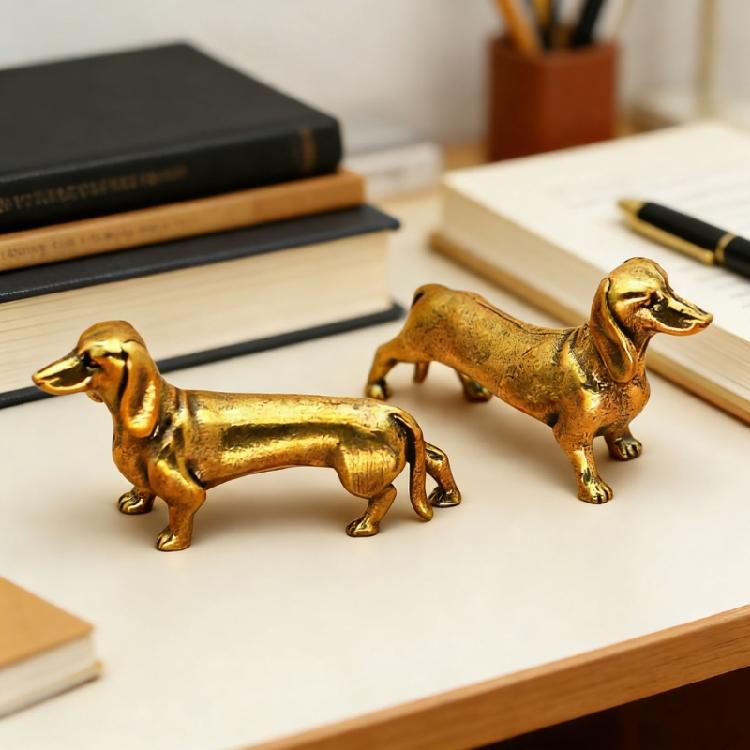 Set of 2 Artistic Brasses Dachshund Miniature Figurine Solid Coppers Animal Sculpture for Home Decors Collectible Ornament