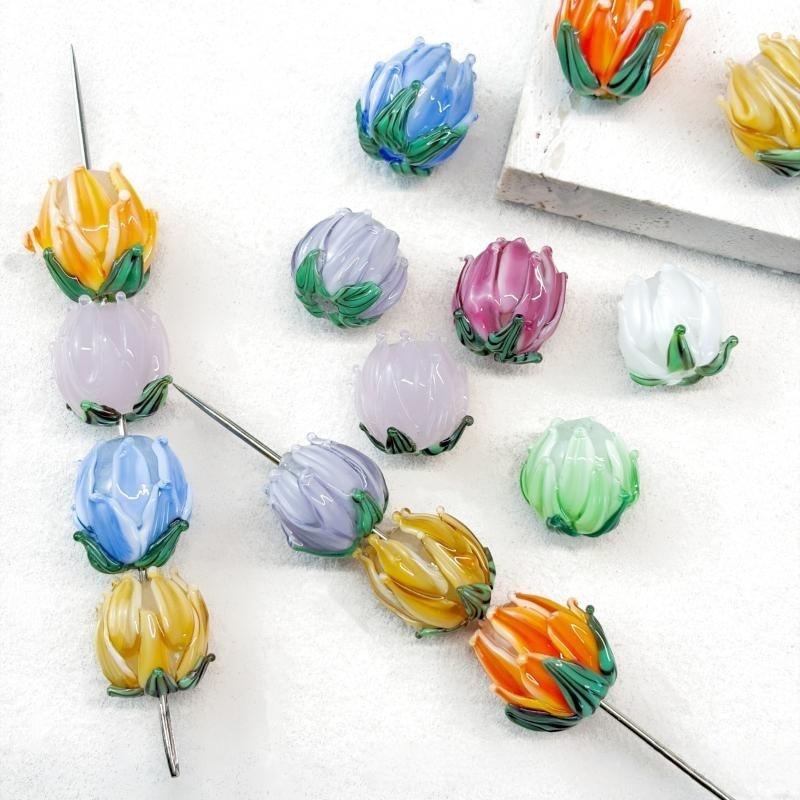 2Pcs Hand Painted Lampwork Glass Flower Bud Beads Vintage Tulip Loose Beads For Diy Bracelet Necklace Phone Chain Jewelry Making