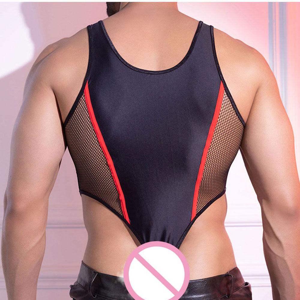 Men'S Mesh Patchwork Bodysuit Sleeveless Sexy Sheer Breathable Open Crotch Tights Thin Shaping Exotic Onesies Nightwear Leotard