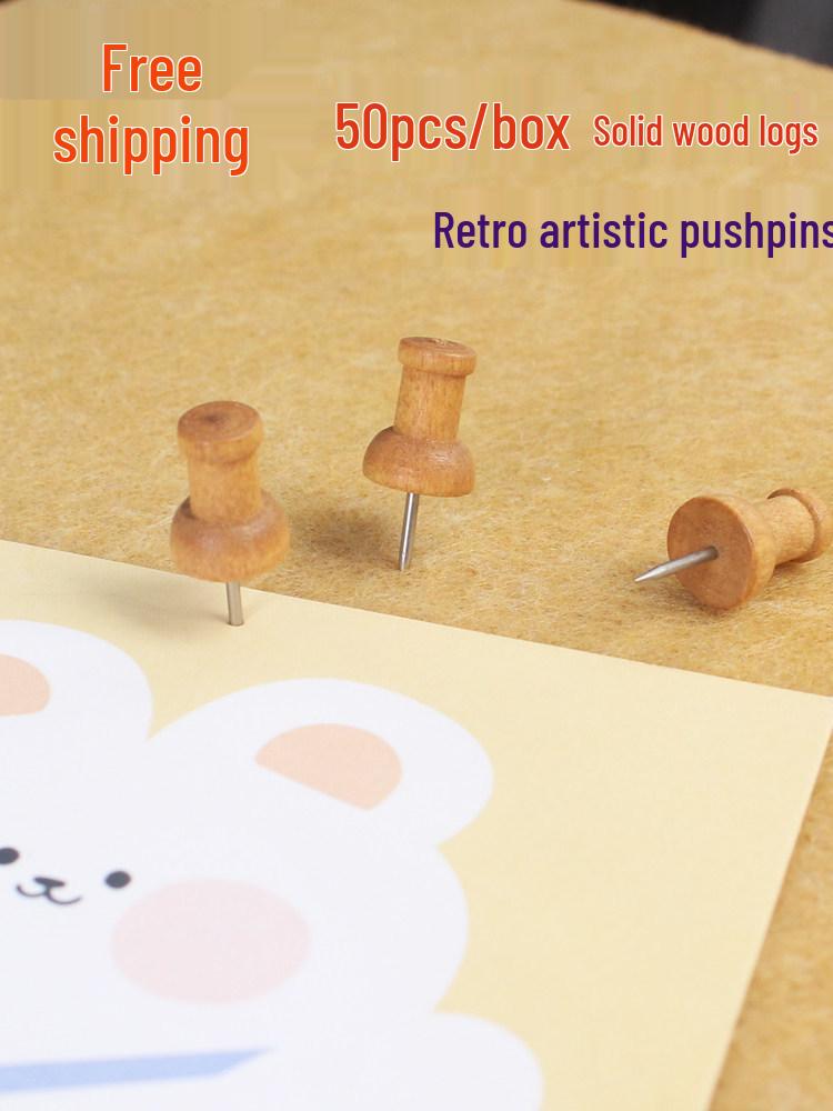

50-Piece Retro Brown Wood Thumbtacks: Cork Board, Photo Wall, I-Shaped, Reddish-Brown Paulownia Push Pins Others