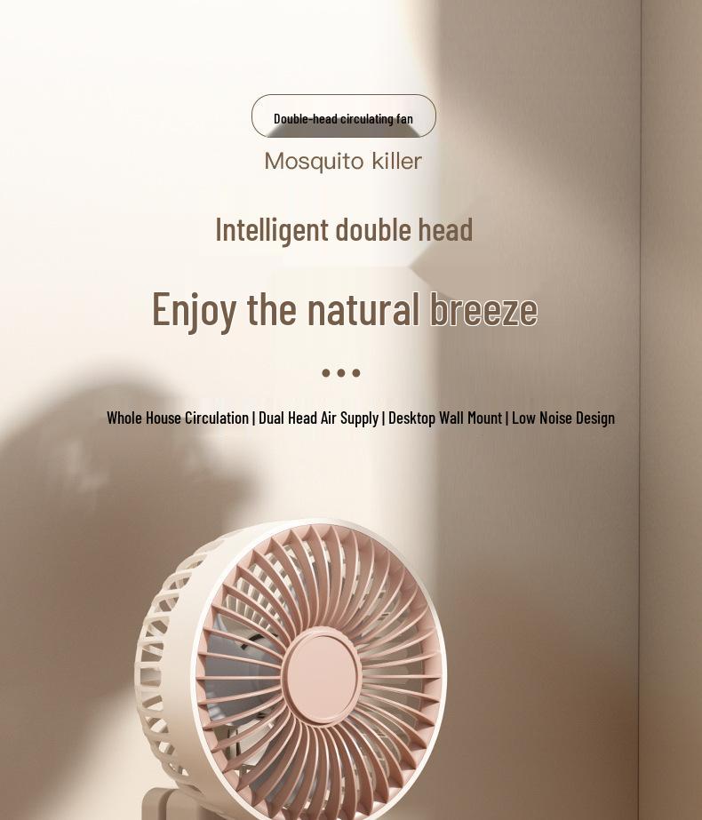 Dual-Head USB Mini Oscillating Desktop Fan with Digital Display for Home and Office
